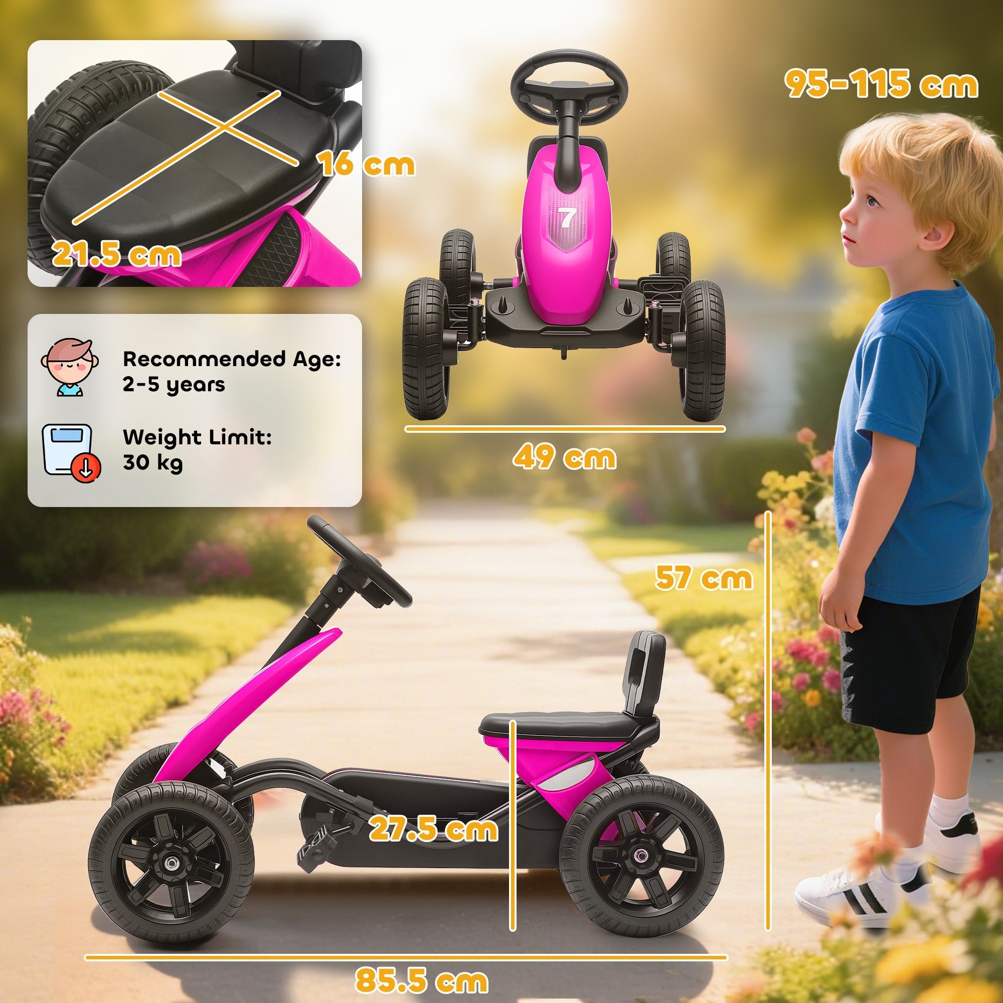 Bright pink and black aiyaplay pedal go kart for kids with silent eva wheels and sturdy metal frame