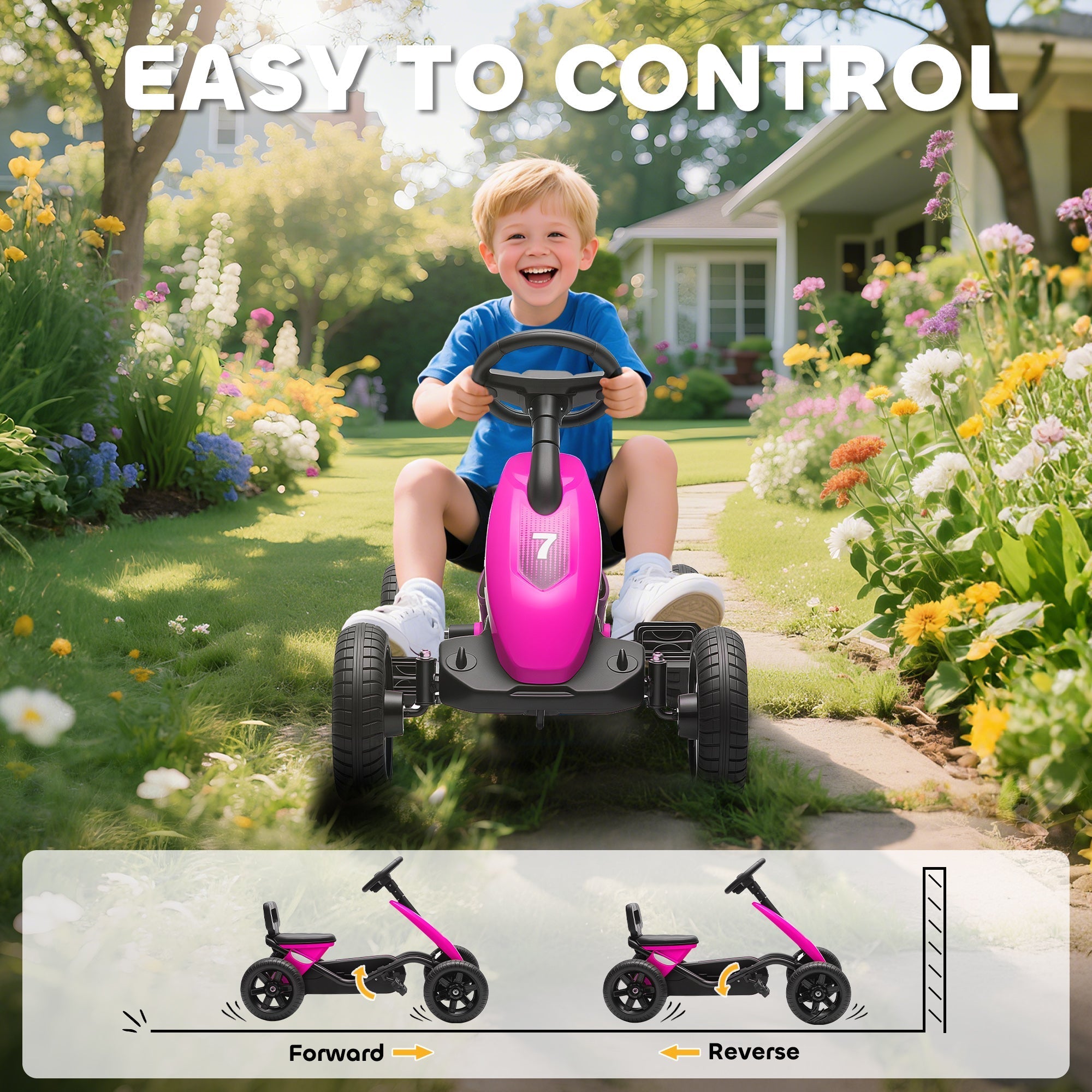 Pink and black aiyaplay pedal go kart for kids with silent eva wheels metal frame and number 7 on front
