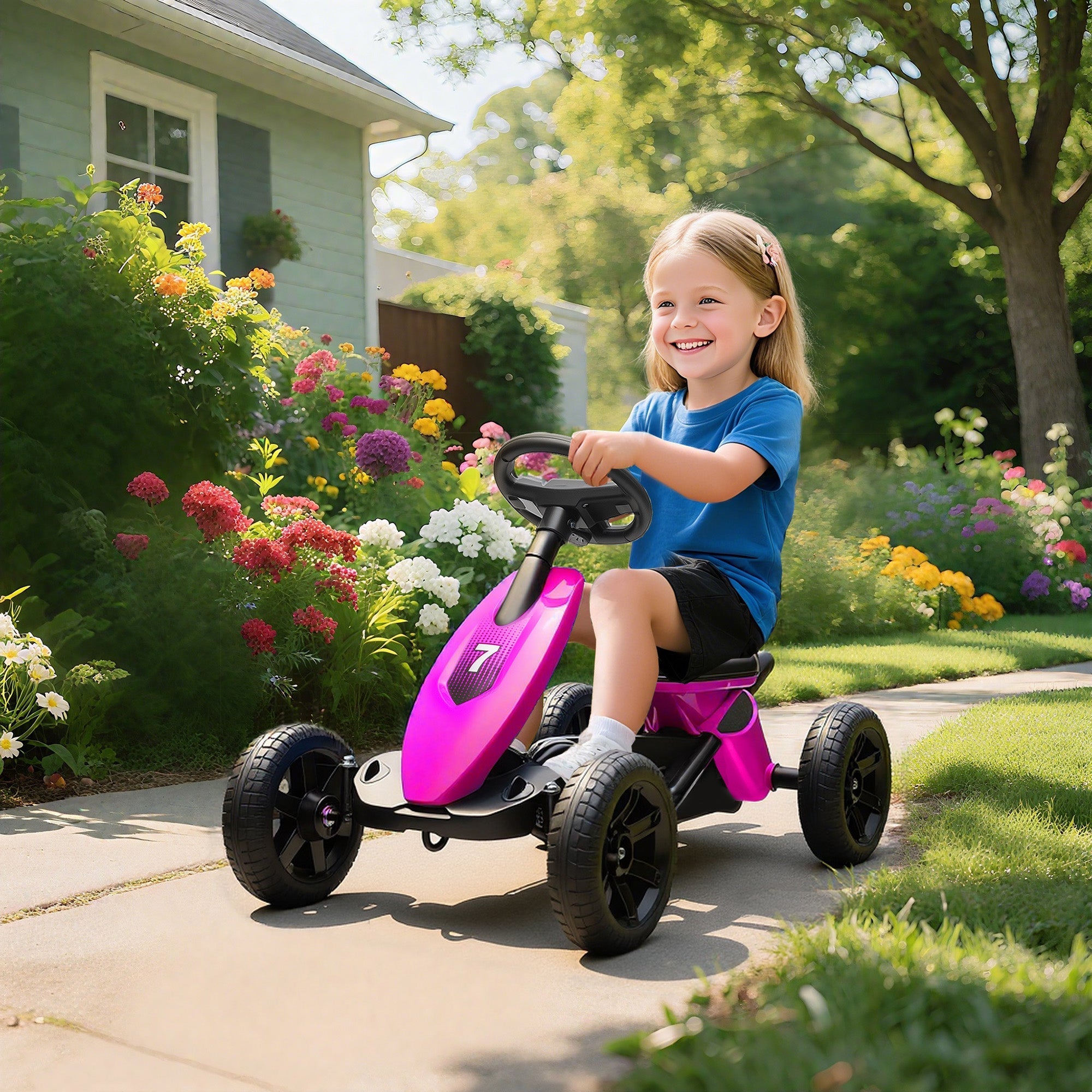A vibrant pink and black aiyaplay pedal go kart for kids with silent eva wheels and sturdy metal frame