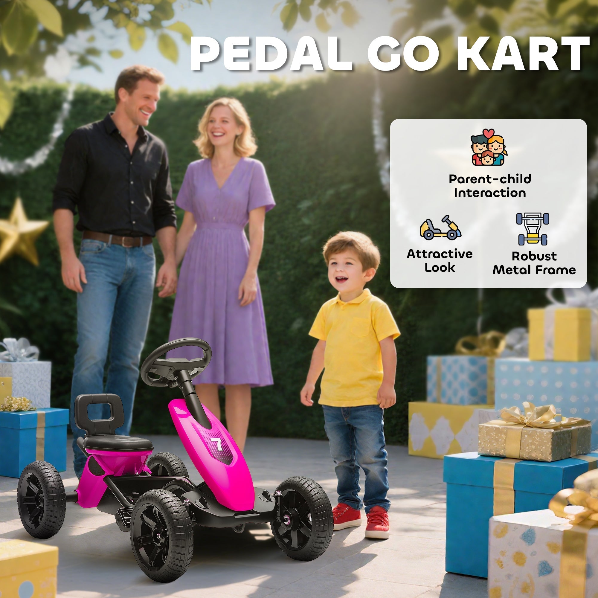 Bright pink and black aiyaplay pedal go kart for kids with silent eva wheels and sturdy metal frame