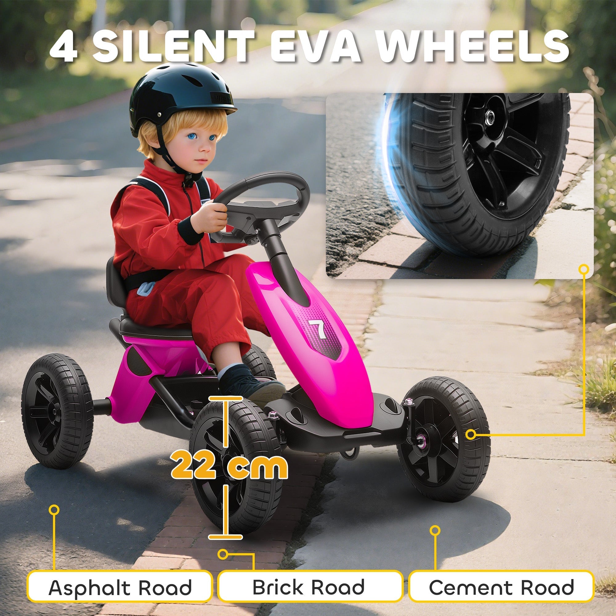 Pink and black aiyaplay pedal go kart for kids with silent eva wheels and sturdy metal frame