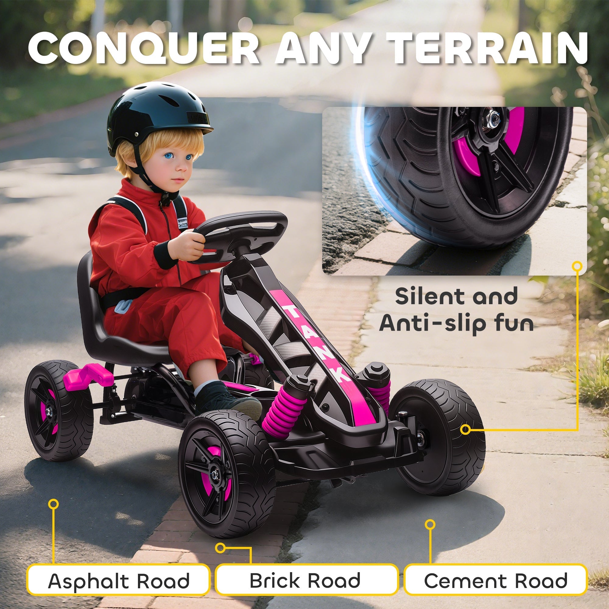 Black and pink aiyaplay pedal go-kart for kids with eva anti-slip wheels and vibrant magenta accents on frame and suspension