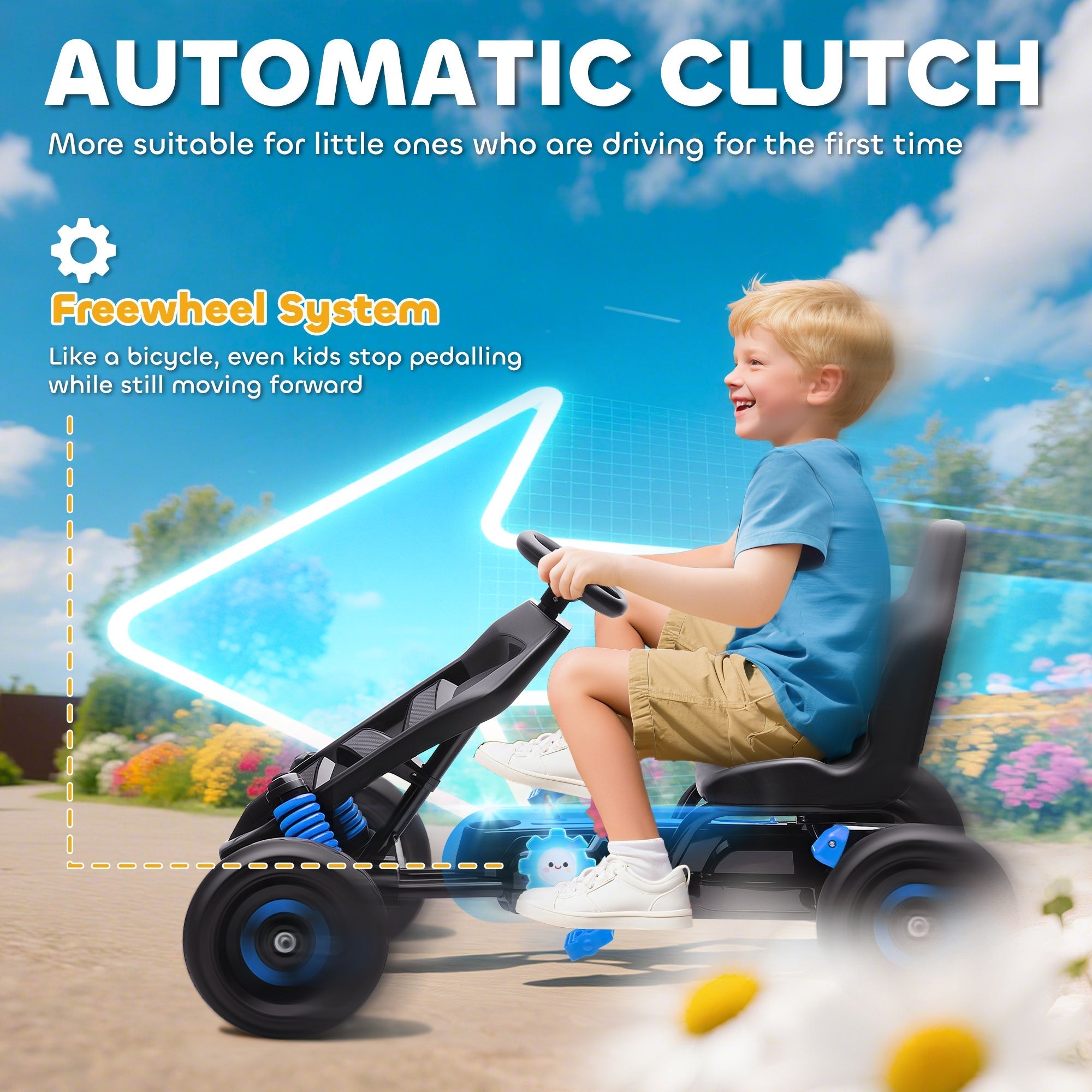 Black and blue AIYAPLAY pedal go-kart for kids with eva anti-slip wheels and automatic clutch system