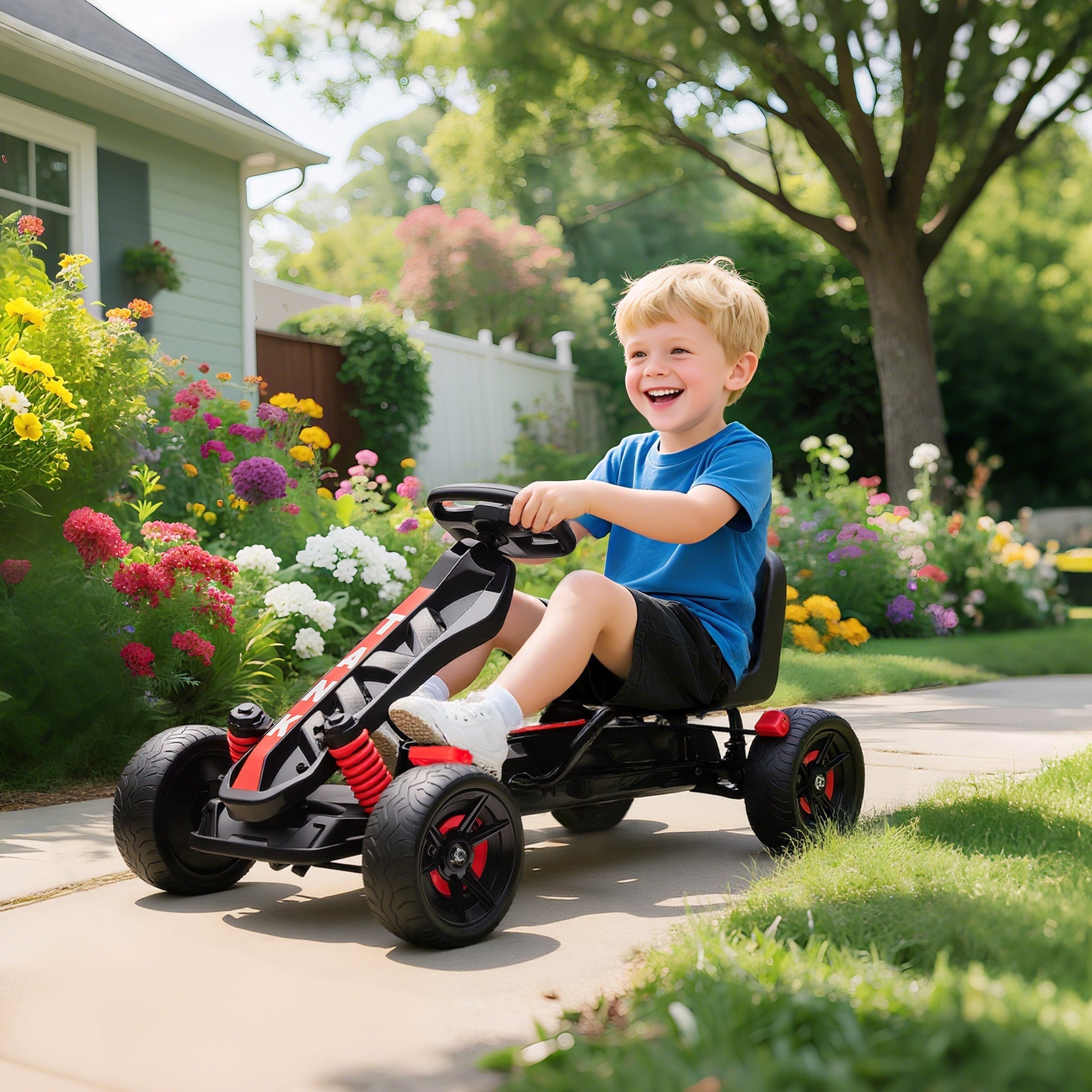 Red and black aiyaplay pedal go-kart for kids with eva anti-slip wheels and freewheel brake system