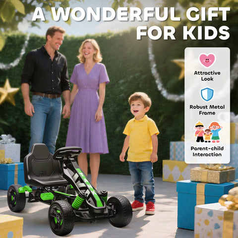 Black and green aiyaplay pedal go-kart for kids with robust metal frame and eva anti-slip wheels for safe riding