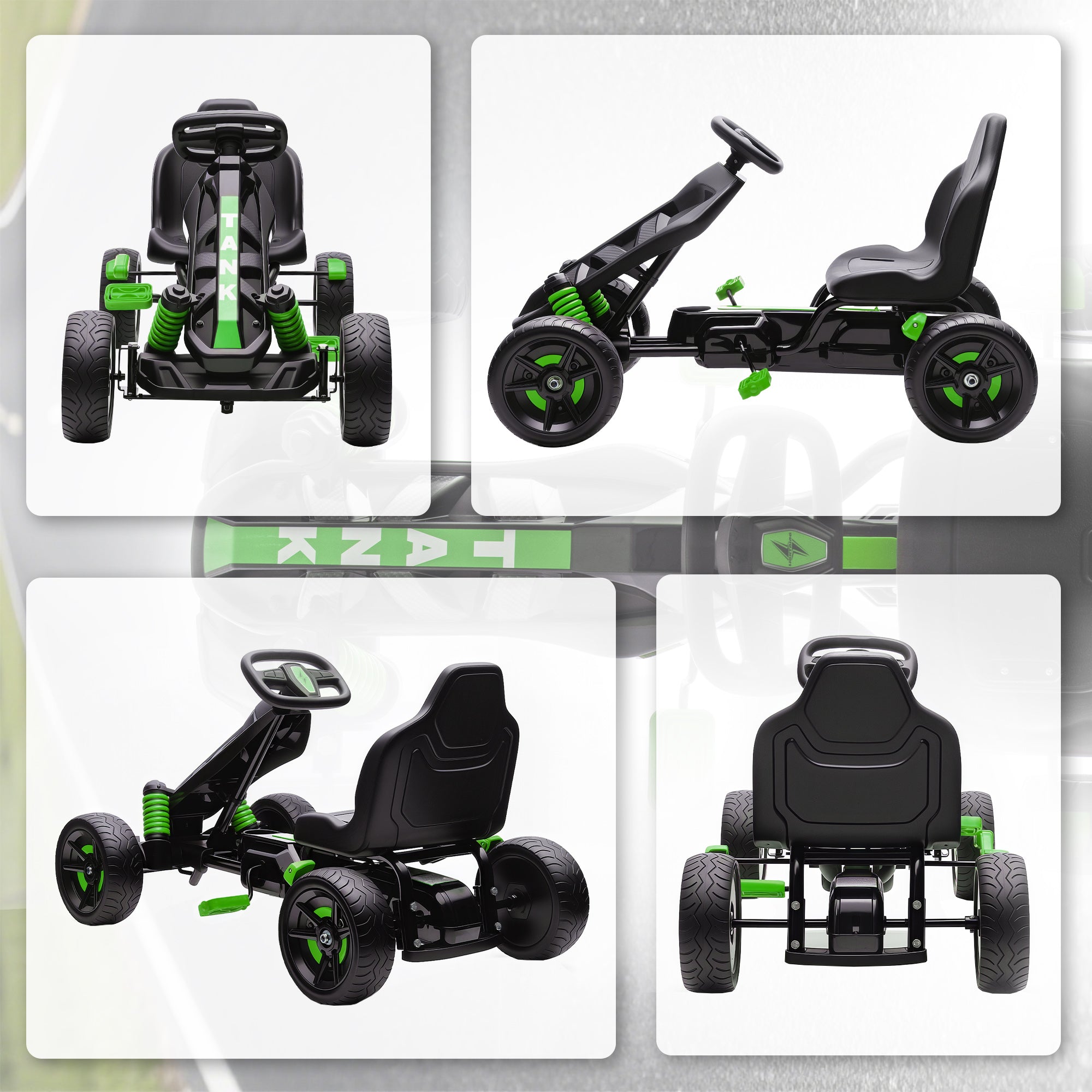 Aiyaplay pedal go-kart for kids with eva anti-slip wheels green durable plastic body and freewheel brake system