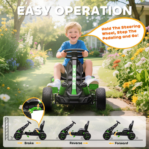 Black and green aiyaplay pedal go-kart for kids with eva anti-slip wheels, sturdy frame, and visible suspension springs