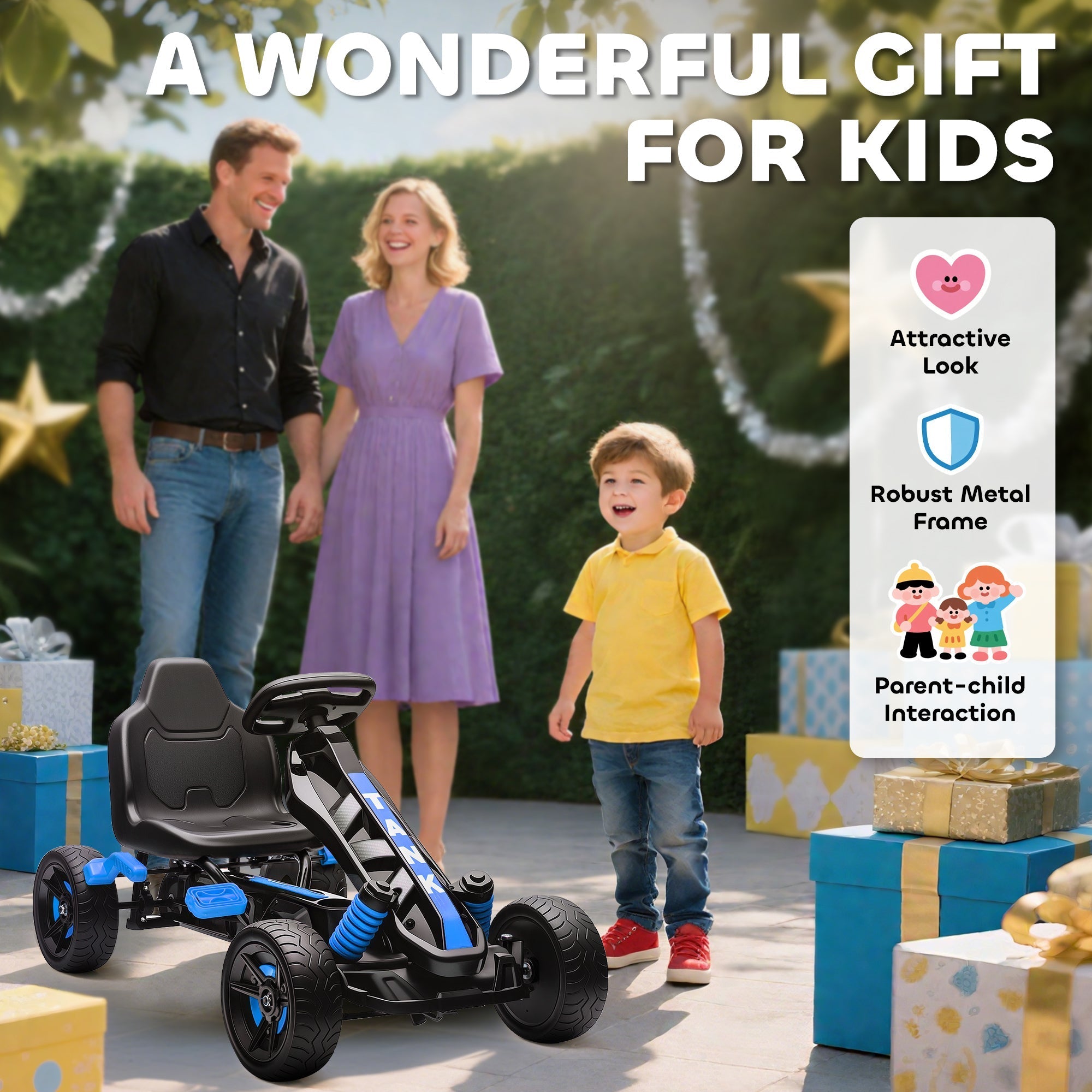 Black and blue aiyaplay pedal go-kart for kids with robust metal frame and eva anti-slip wheels for safe rides