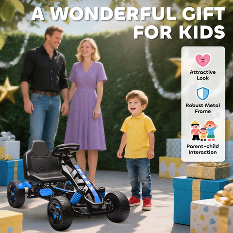 Black and blue aiyaplay pedal go-kart for kids with robust metal frame and eva anti-slip wheels for safe rides
