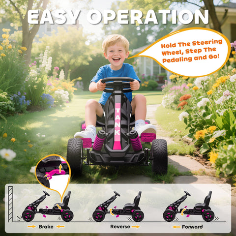 Black and pink aiyaplay pedal go-kart for kids with eva anti-slip wheels and a freewheel system tank logo on front