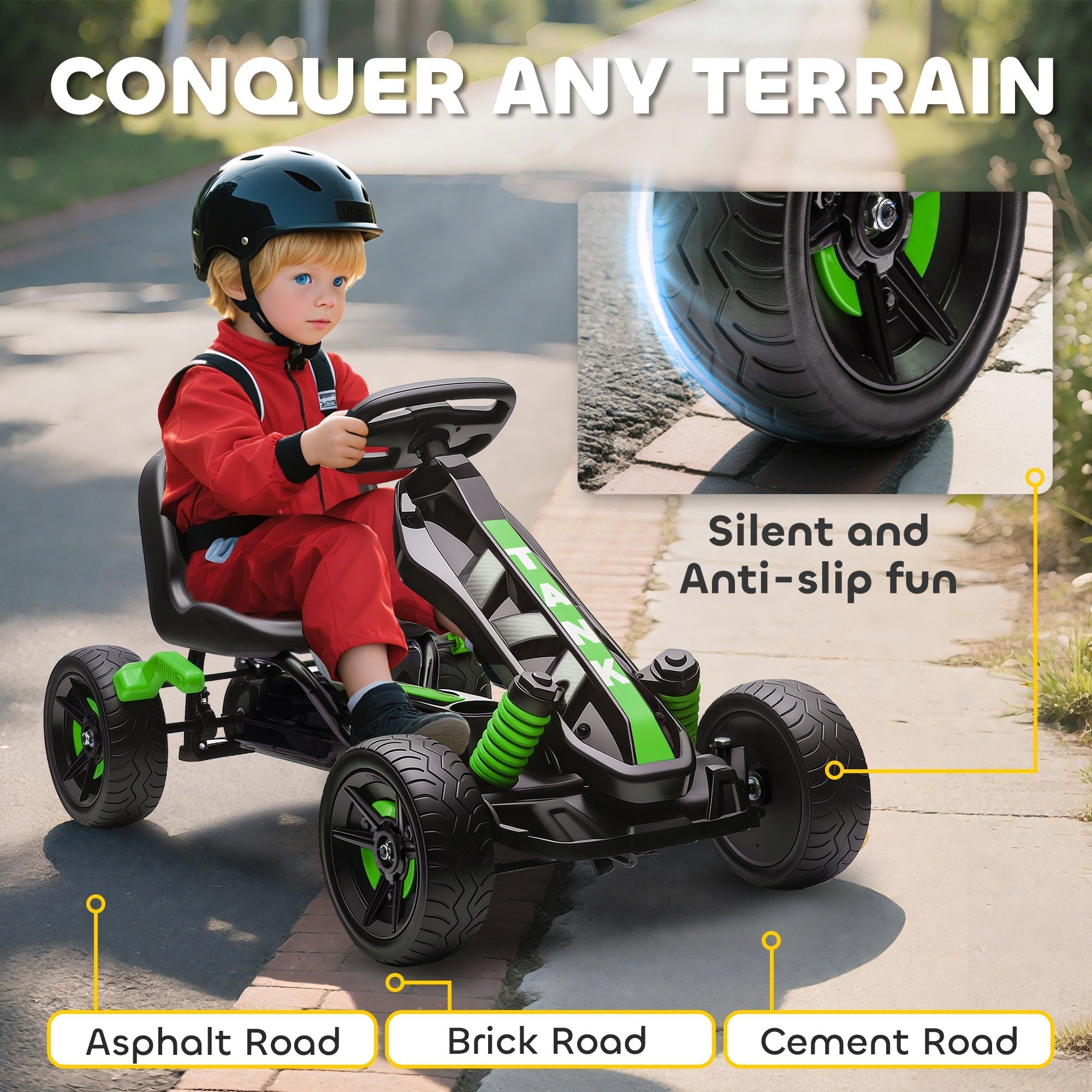 Aiyaplay pedal go kart for kids aged 3-6 with eva anti-slip wheels in green featuring a sporty design and brake system