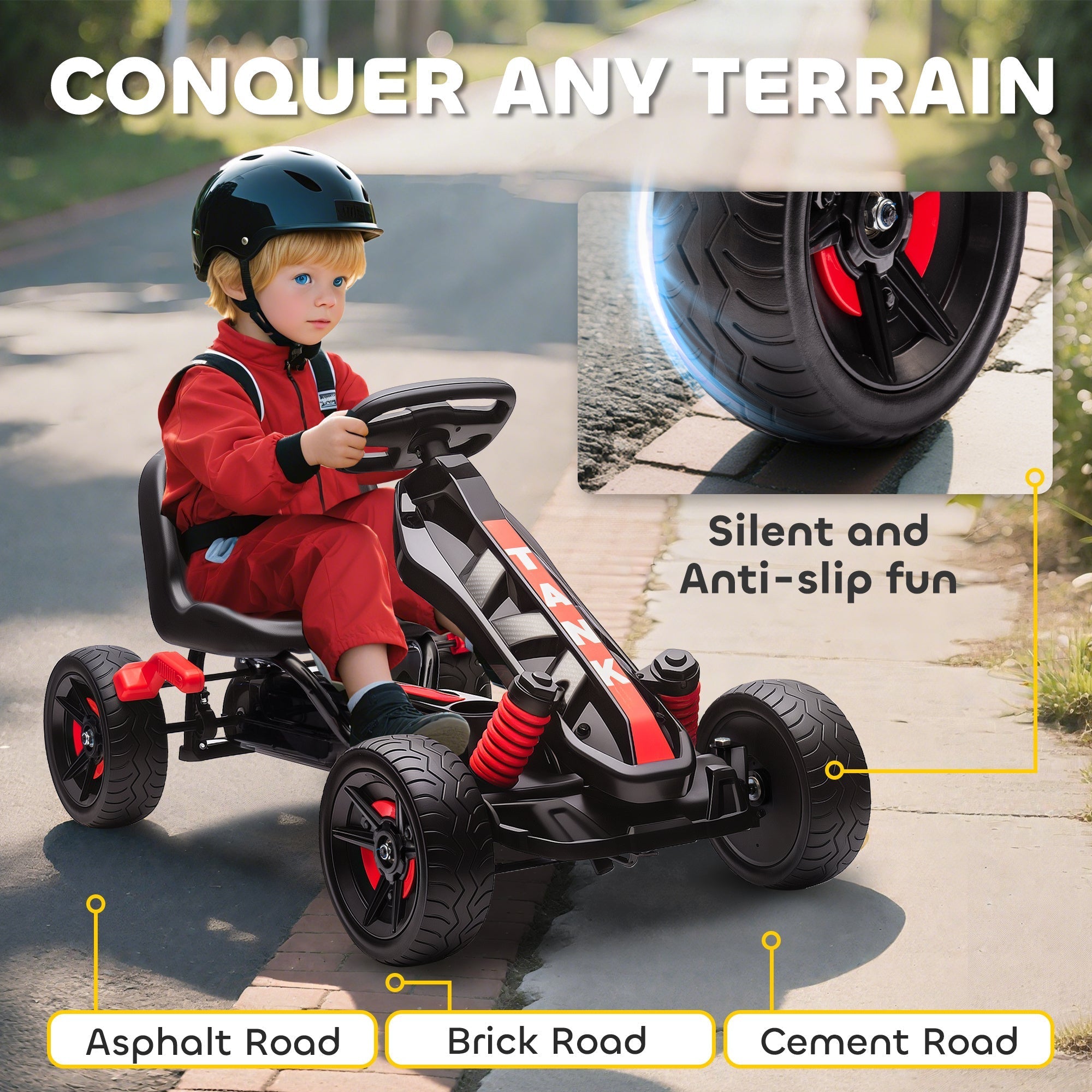 Aiyaplay pedal go kart for kids 3-6 with eva anti-slip wheels, durable rubber tires, red suspension, freewheel brake system