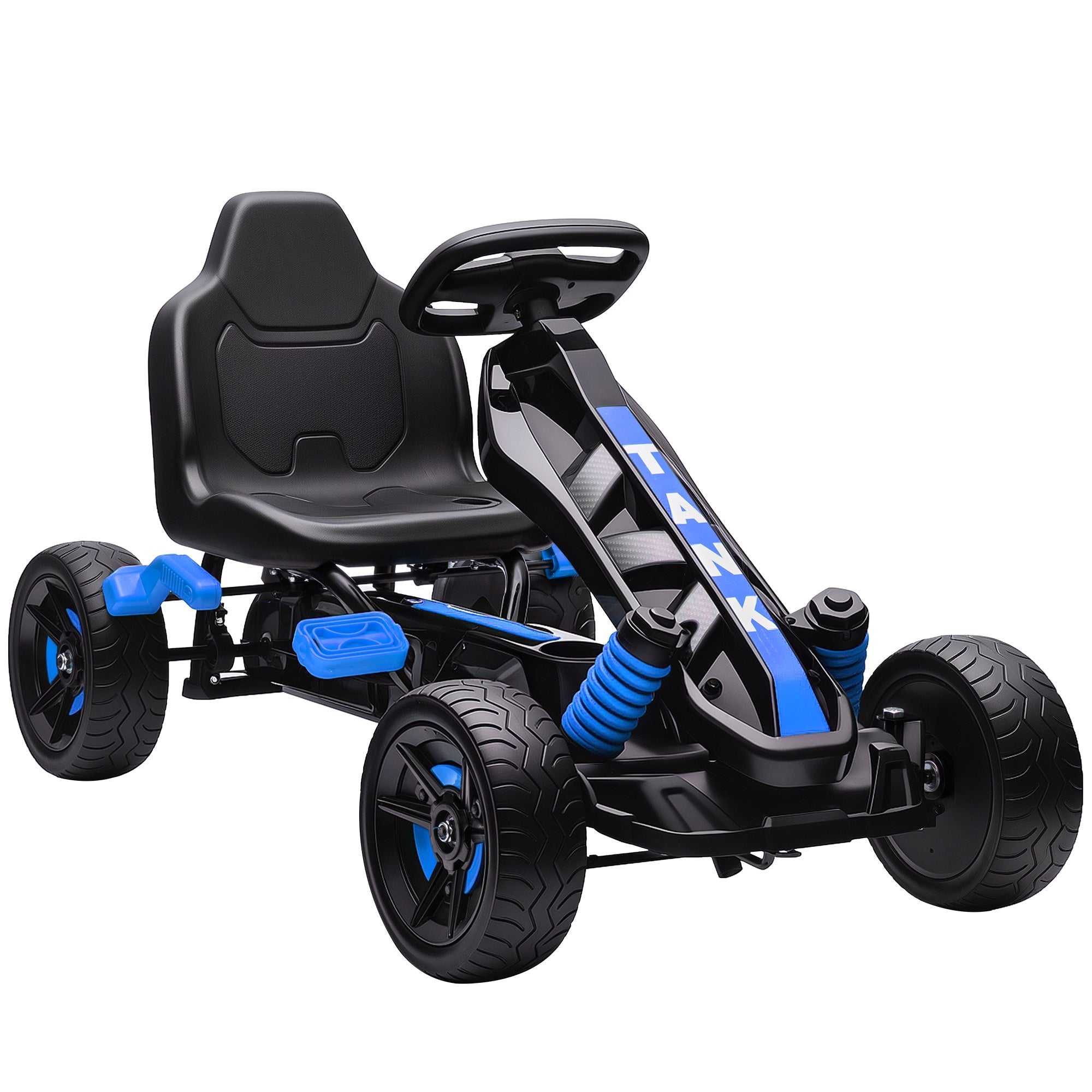 Black and blue aiyaplay pedal go-kart for kids with eva anti-slip wheels and freewheel system in sporty tank design