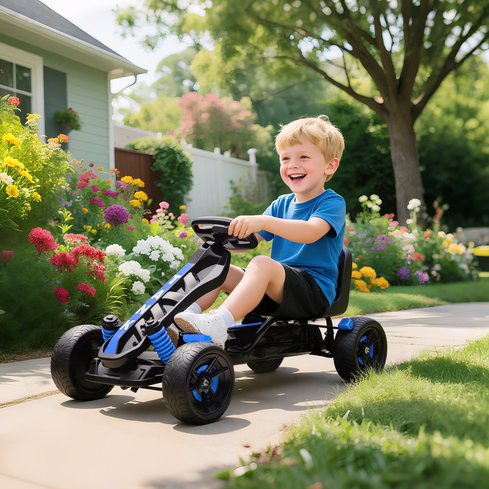 Blue and black aiyaplay pedal go kart for kids with eva anti slip wheels and blue accents for ages 3 to 6 years