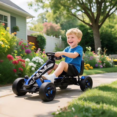 Blue and black aiyaplay pedal go kart for kids with eva anti slip wheels and blue accents for ages 3 to 6 years