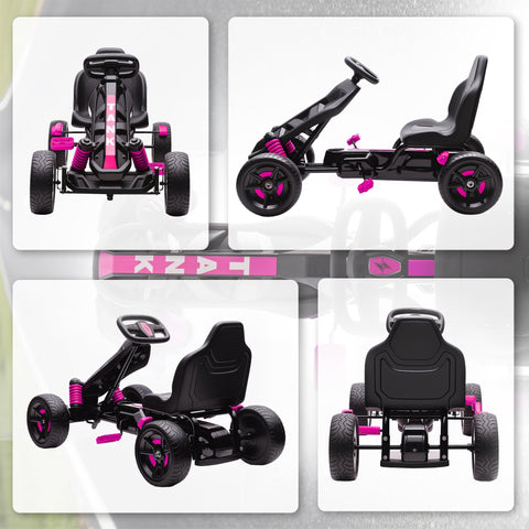 Black and pink aiyaplay pedal go-kart for kids with eva anti-slip wheels and vibrant magenta accents on suspension and wheels