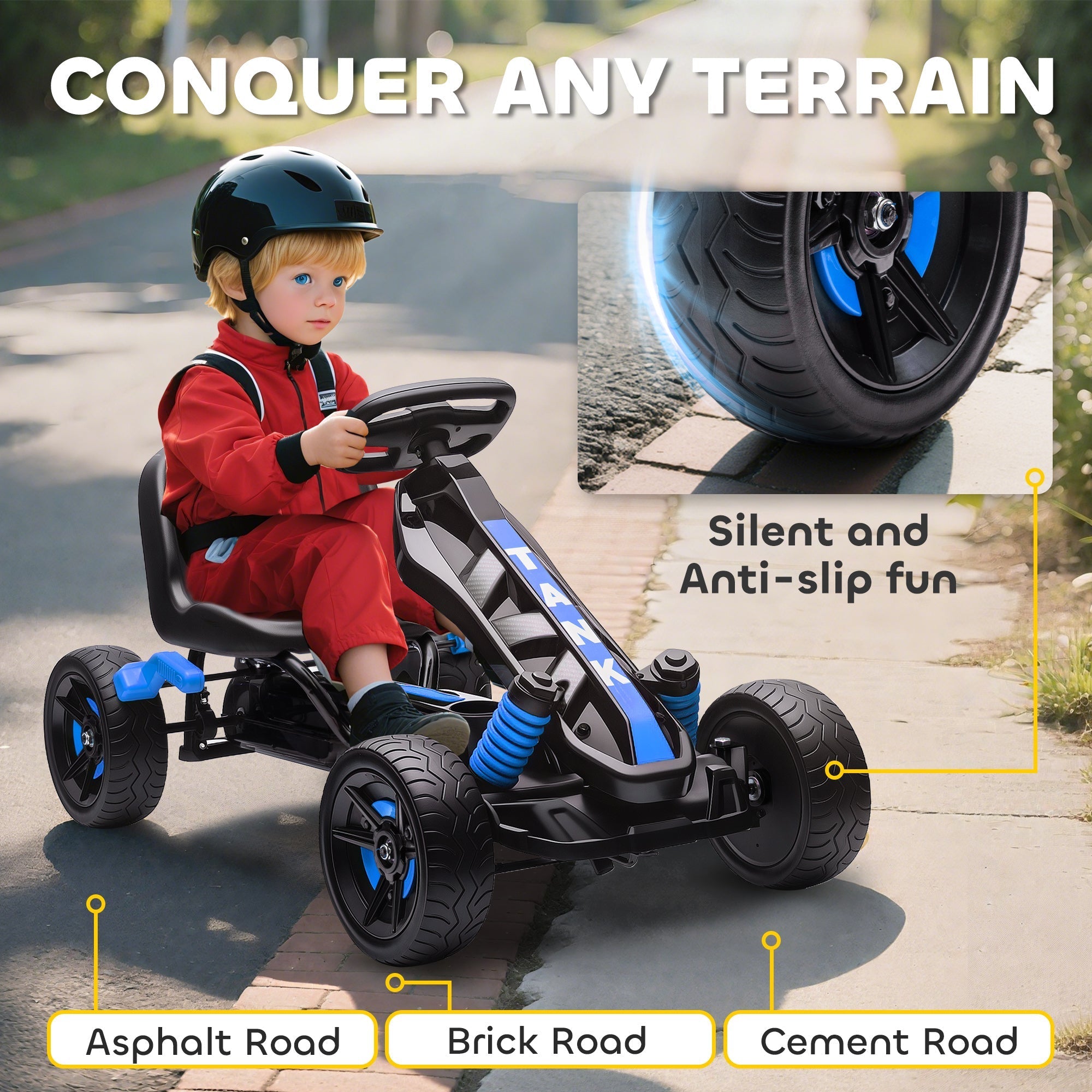 Black and blue aiyaplay pedal go-kart for kids 3-6 years with eva anti-slip wheels and freewheel system