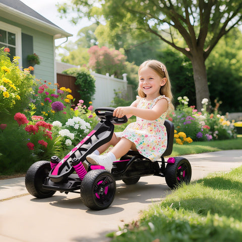 Aiyaplay pedal go kart for kids aged 3-6 years in pink with eva anti-slip wheels and freewheel system