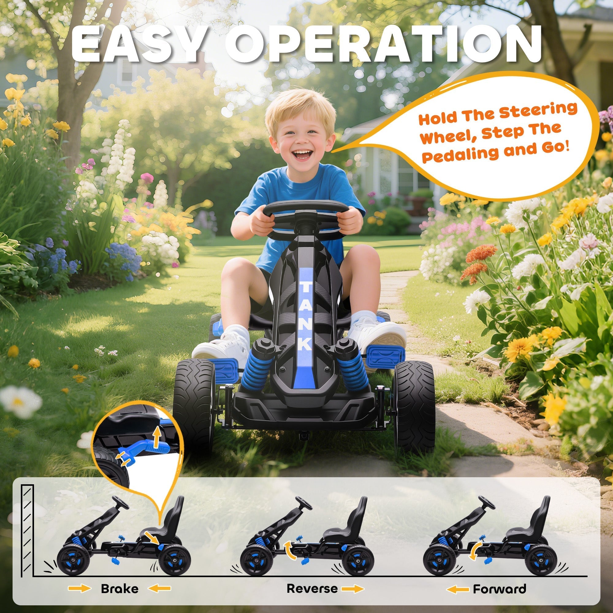 Black and blue aiyaplay pedal go-kart for kids with eva anti-slip wheels and freewheel system tank logo on front