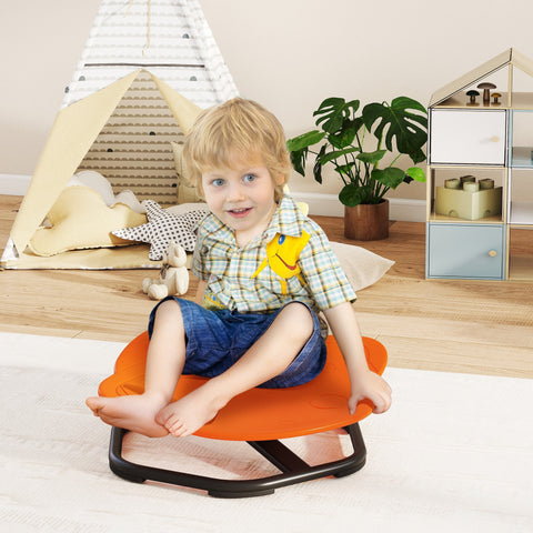 Orange plastic aiyaPlay planet-shaped sensory spinning chair with black base for balance and coordination training