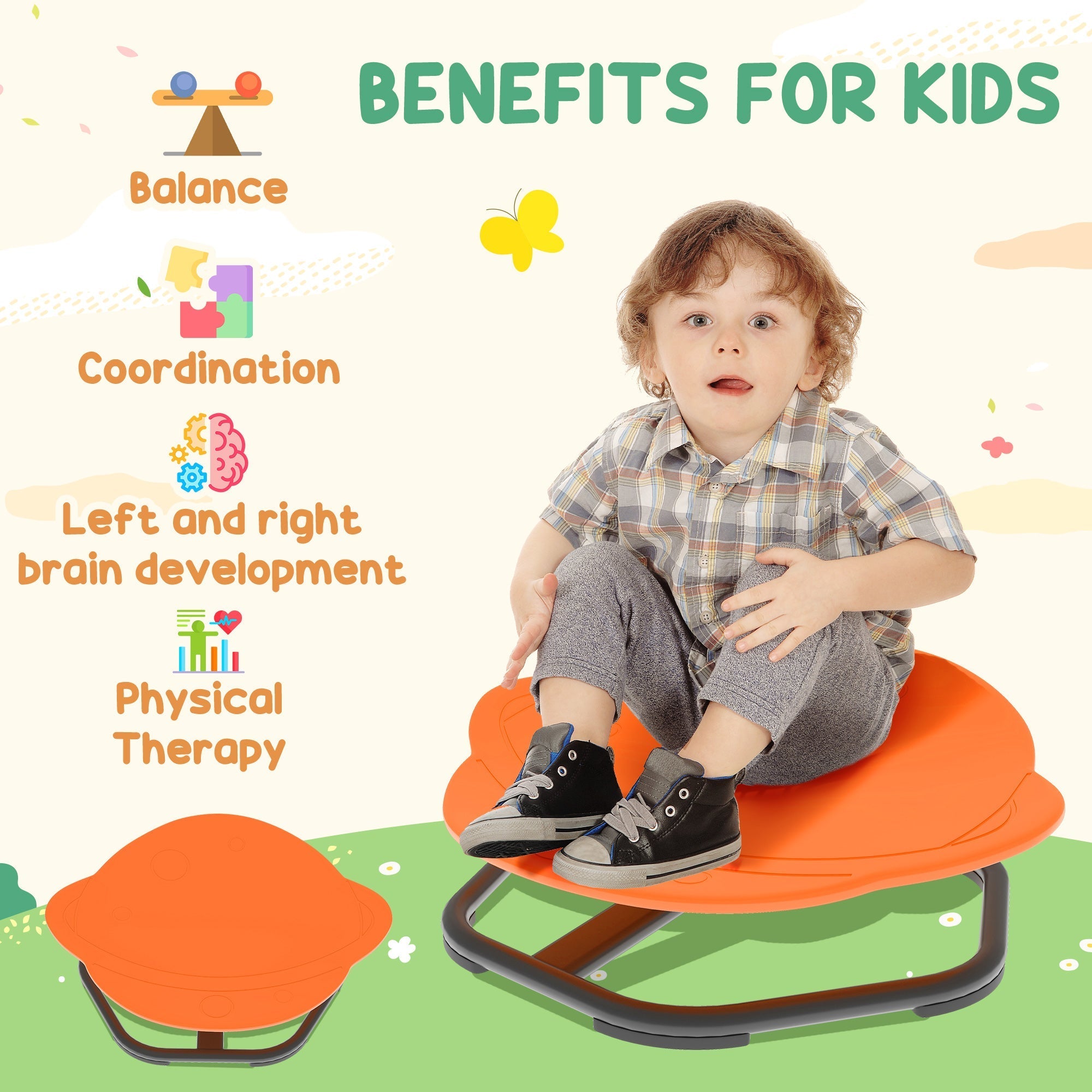 Orange cloud-shaped ai yaplay balance board spinning chair for kids sensory spinning and coordination training