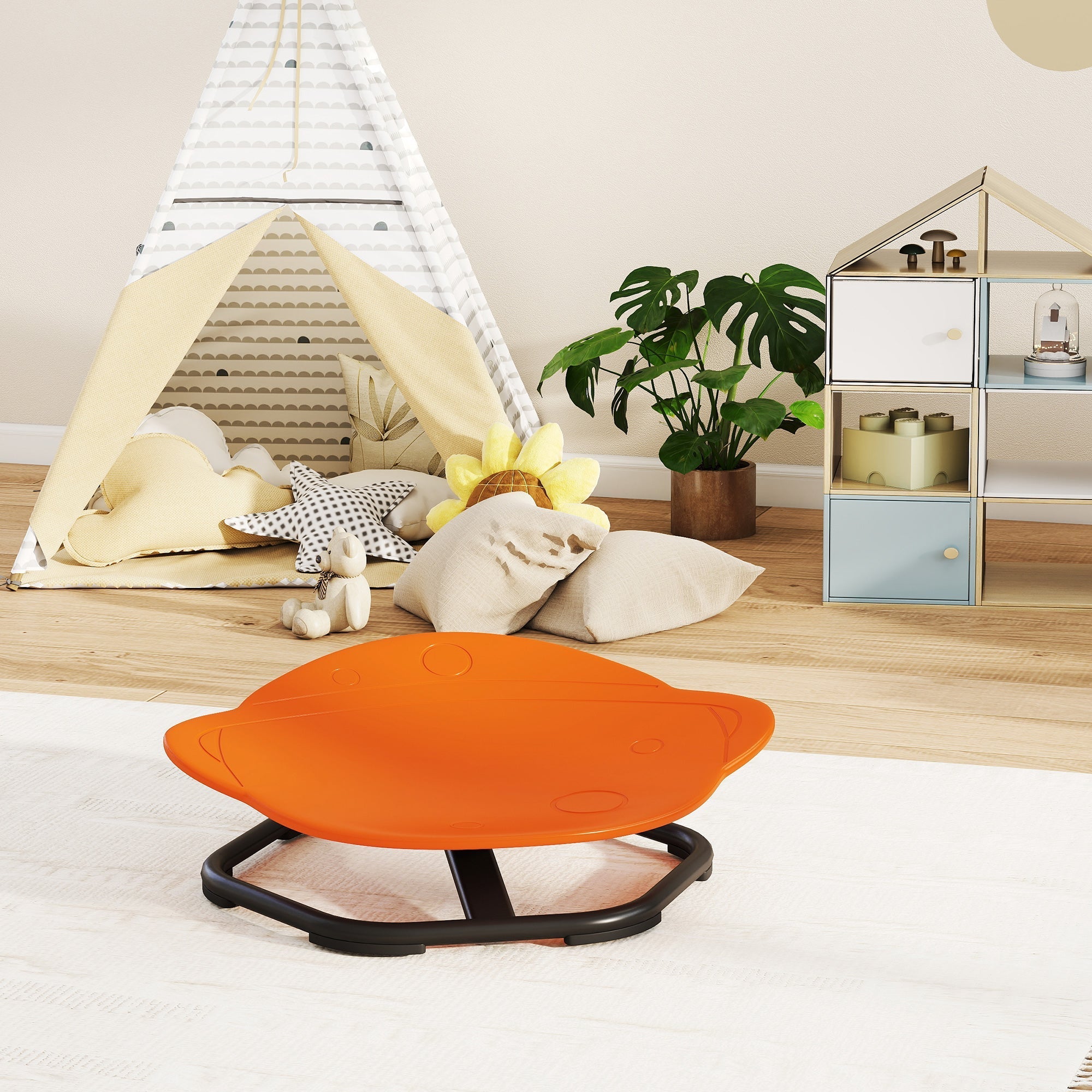 Aiyaplay bright orange plastic fish-shaped sensory spinning chair with black metal legs for balance training