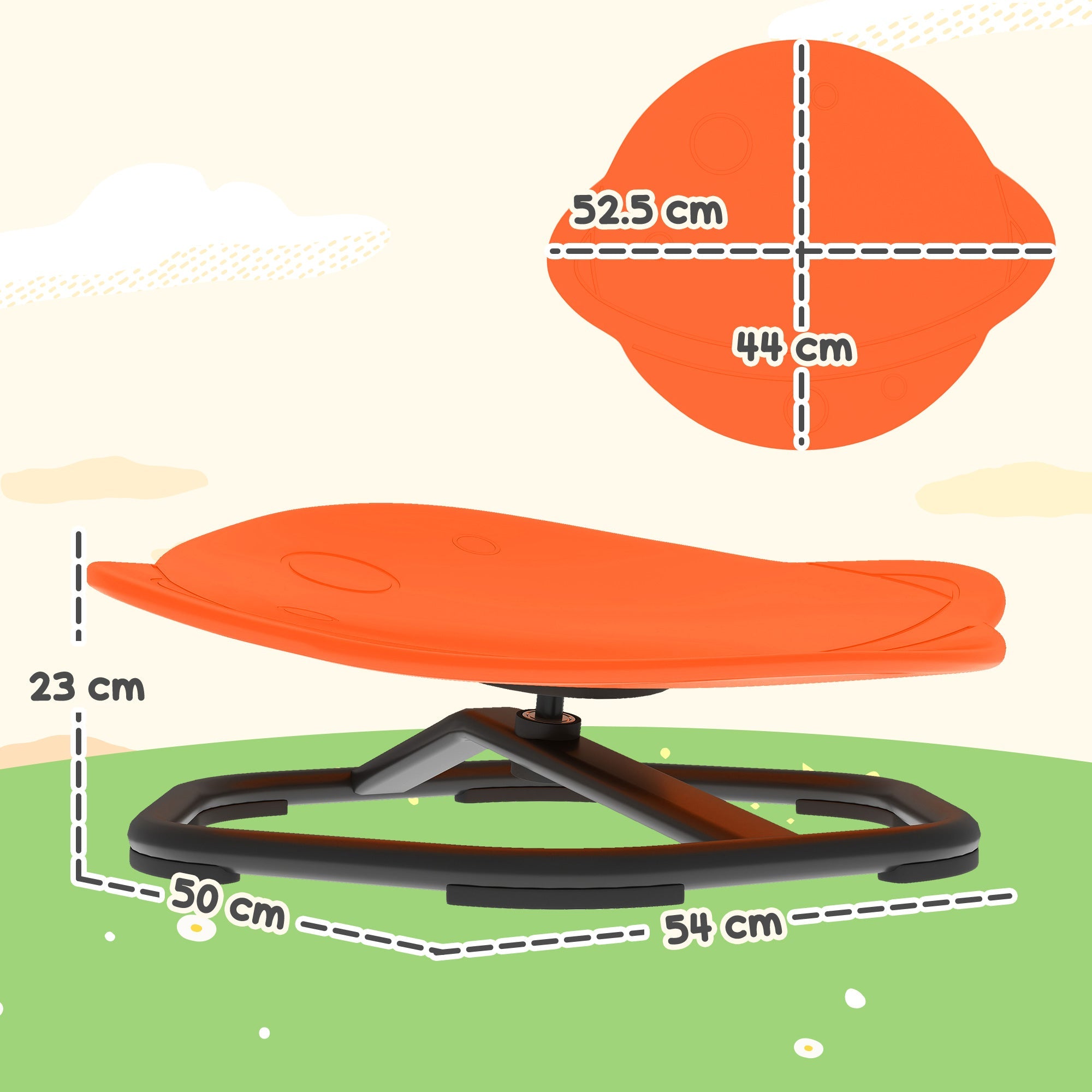 Orange AIYAPLAY planet-shaped kids sensory spinning chair with plastic board and black metal base for balance training