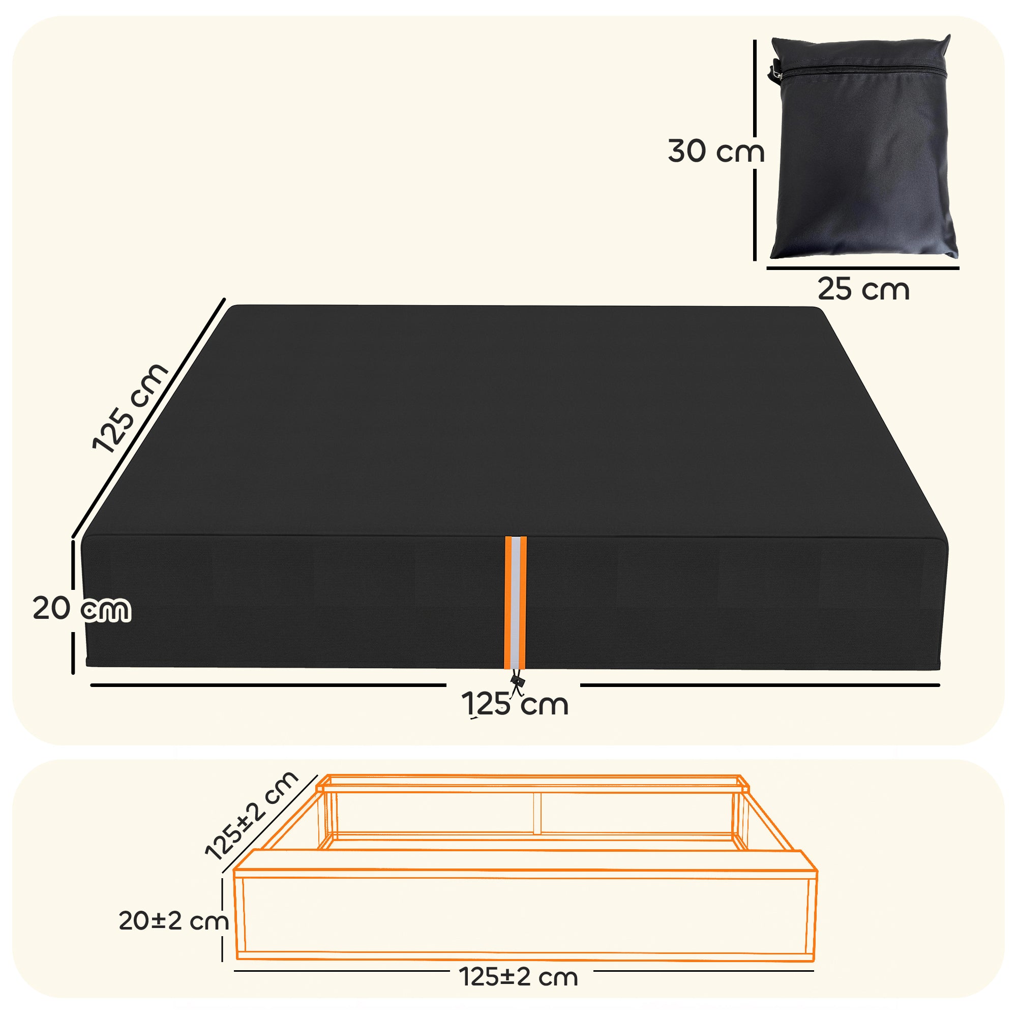 Black waterproof ai yaplay sandbox cover with orange reflective strip and bag perfect for sand pit play area