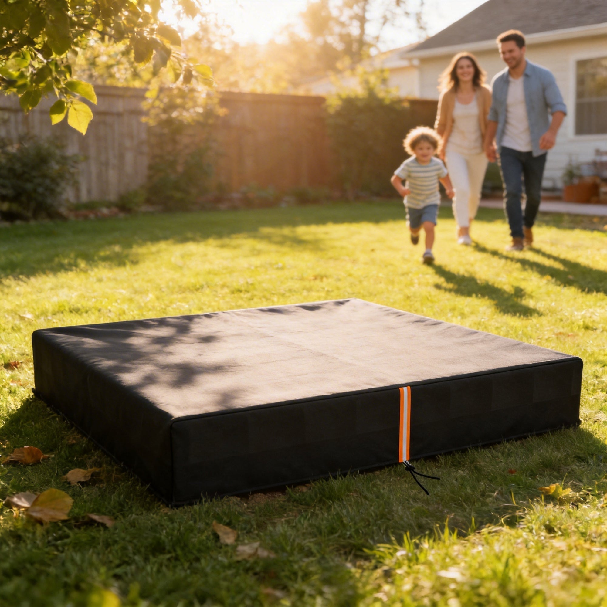 Black rectangular AIYAPLAY sandbox cover with orange white reflective strip for sand pit cover play area protection