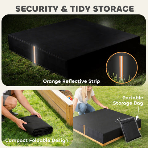 Black compact foldable aiapay sandbox cover with orange reflective strips for safe tidy sand pit and play area storage