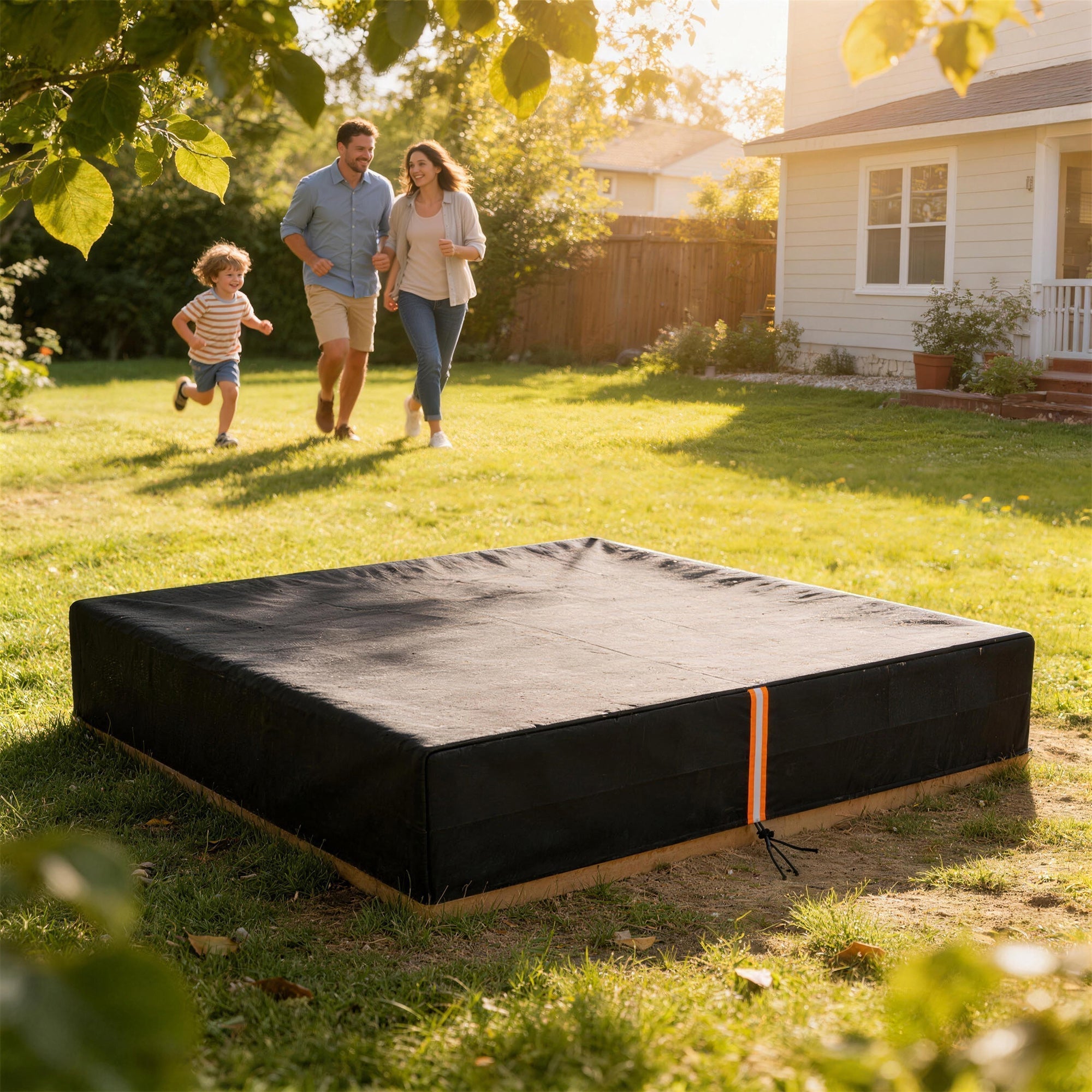 Black rectangular waterproof aiya play sand pit cover with orange strap for dustproof uv protection play area