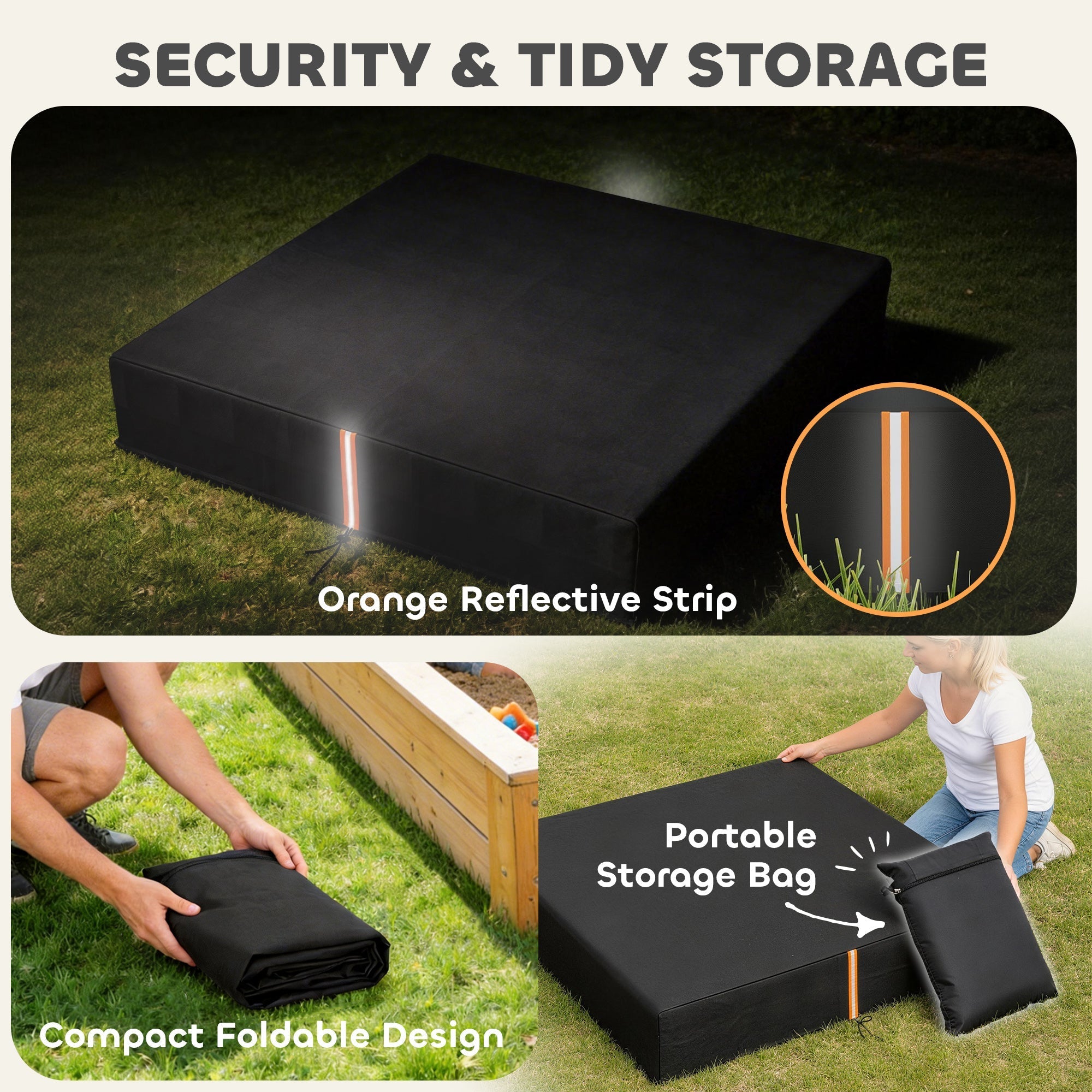 Black portable storage bag with orange reflective strip for secure tidy outdoor storage of sand pit cover