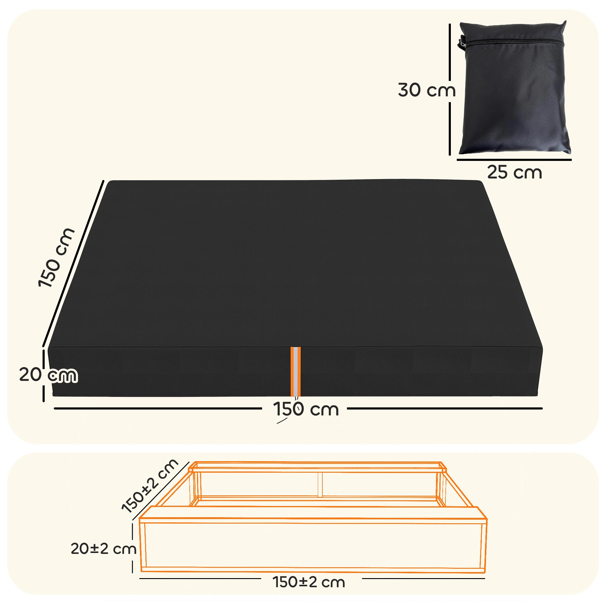 Black rectangular waterproof sandbox cover with UV protection and matching storage bag for sand pit play area