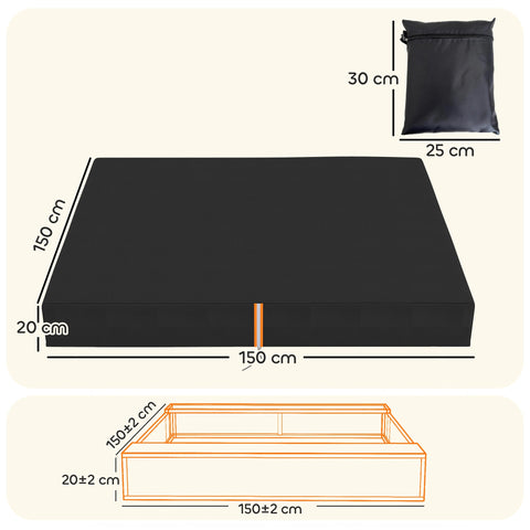 Black rectangular waterproof sandbox cover with UV protection and matching storage bag for sand pit play area