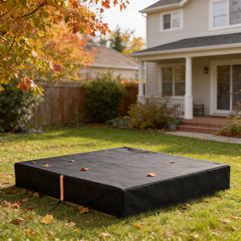 Black rectangular AIYAPLAY sand pit cover with orange zipper pull waterproof dustproof UV protection on grass