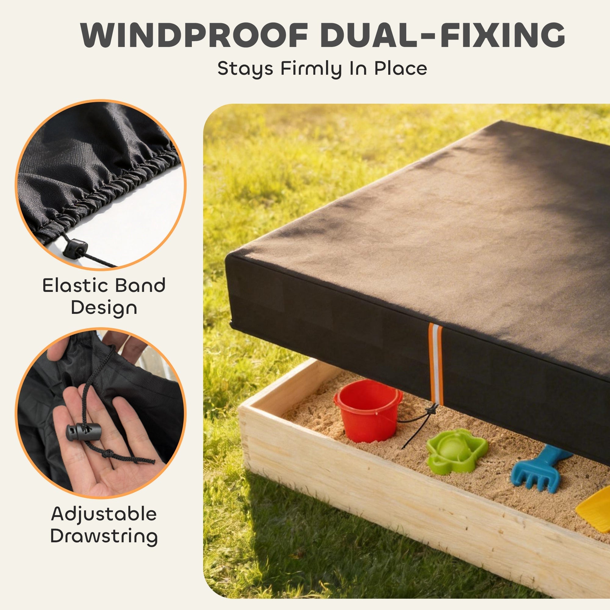 Black AIYAPLAY sand pit cover with elastic band and adjustable drawstring for waterproof sandpit play area protection