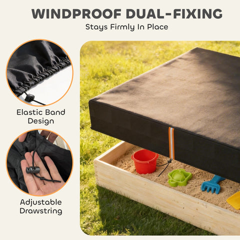 Black AIYAPLAY sand pit cover with elastic band and adjustable drawstring for waterproof sandpit play area protection