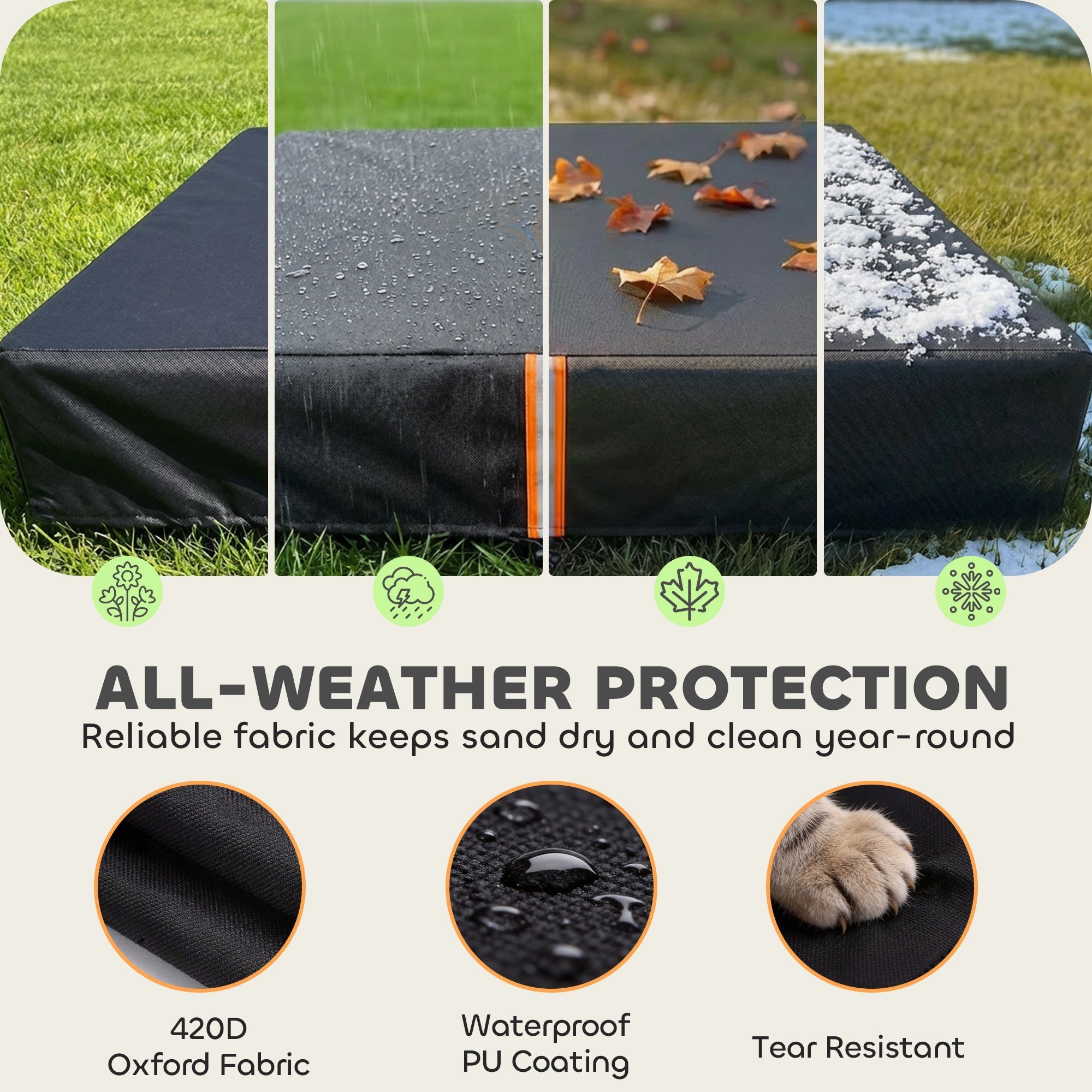 Black 420d oxford fabric sandbox cover with waterproof pu coating and orange trim for sand pit play area protection