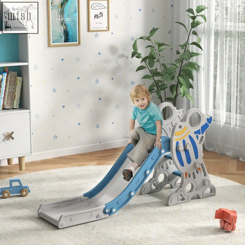 Blue and gray plastic kids slide with dinosaur design and buffer zone from aiyaplay space themed indoor slide for toddlers