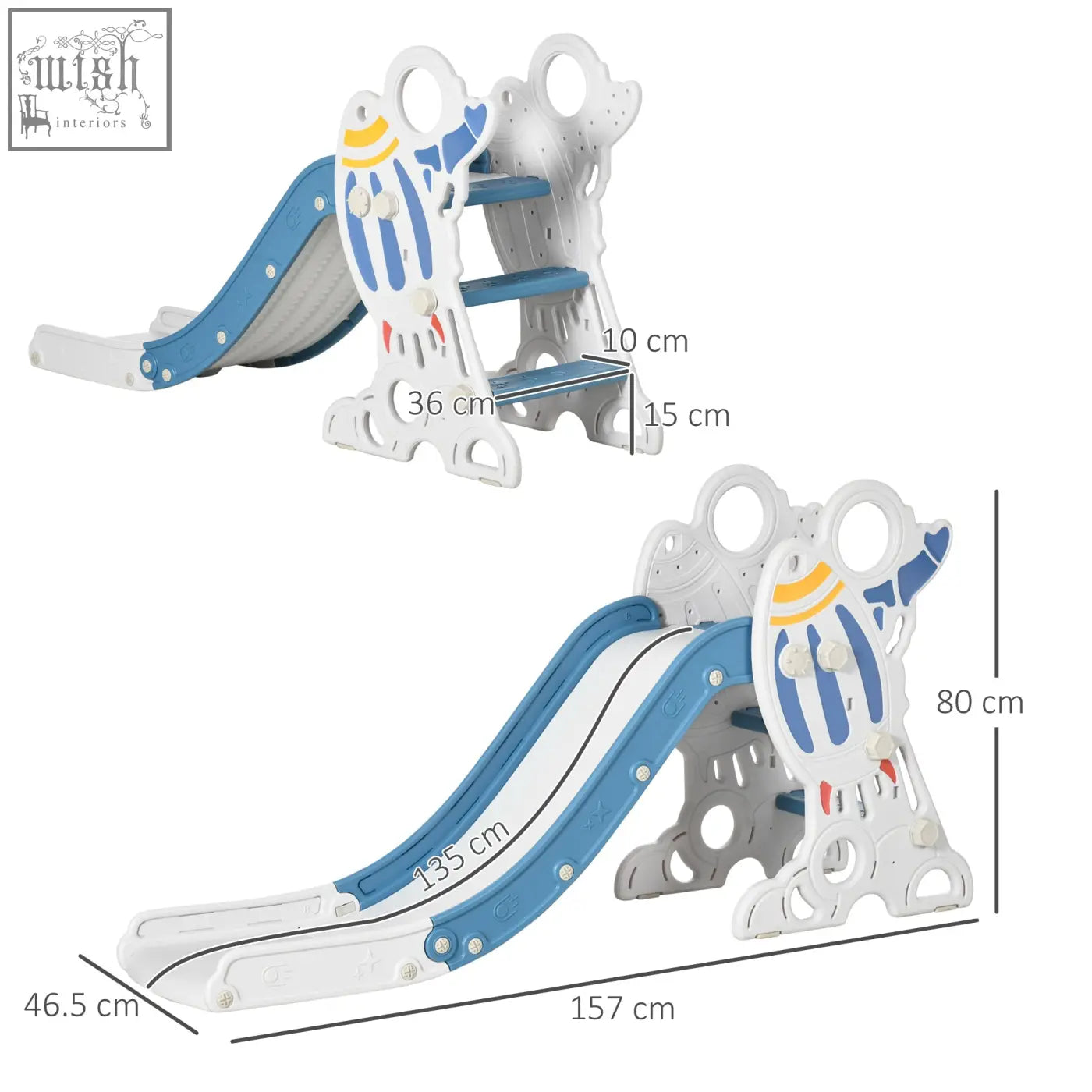 Blue and white ai Yaplay space themed kids slide with cartoon design and buffer zone for indoor use ages 1.5 to 3 years