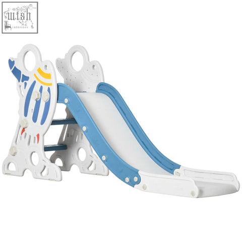 Blue and white plastic kids slide with cartoon dinosaur and buffer zone in AIYAPLAY space themed indoor freestanding slide