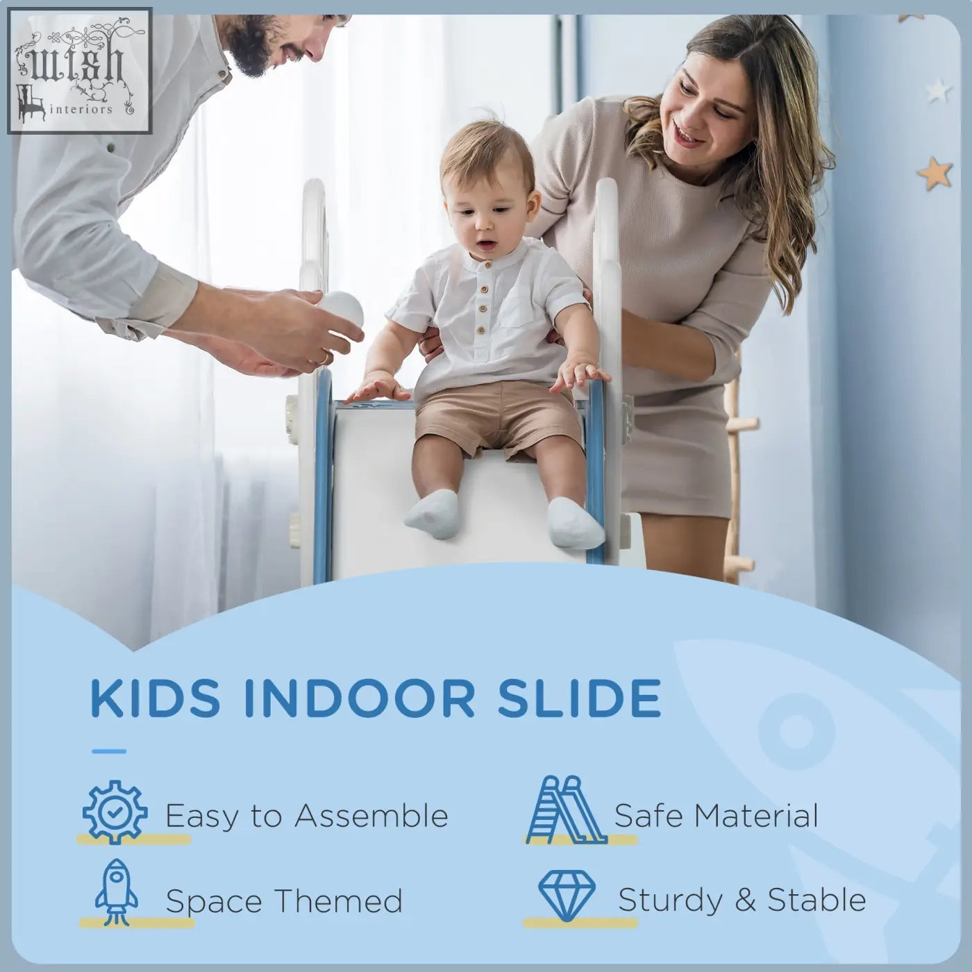 Aiyaplay blue and white space themed indoor kids slide with buffer zone for toddlers ages 1.5 to 3 years