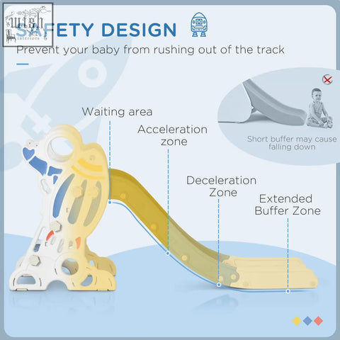 Yellow and blue ai yaplay space themed kids slide with safety buffer zone for indoor use ages 1.5 to 3 years
