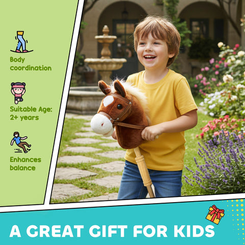 Brown aiyaplay hobby horse with white mane wooden handle wood wheels and real pony galloping sounds for outdoor play