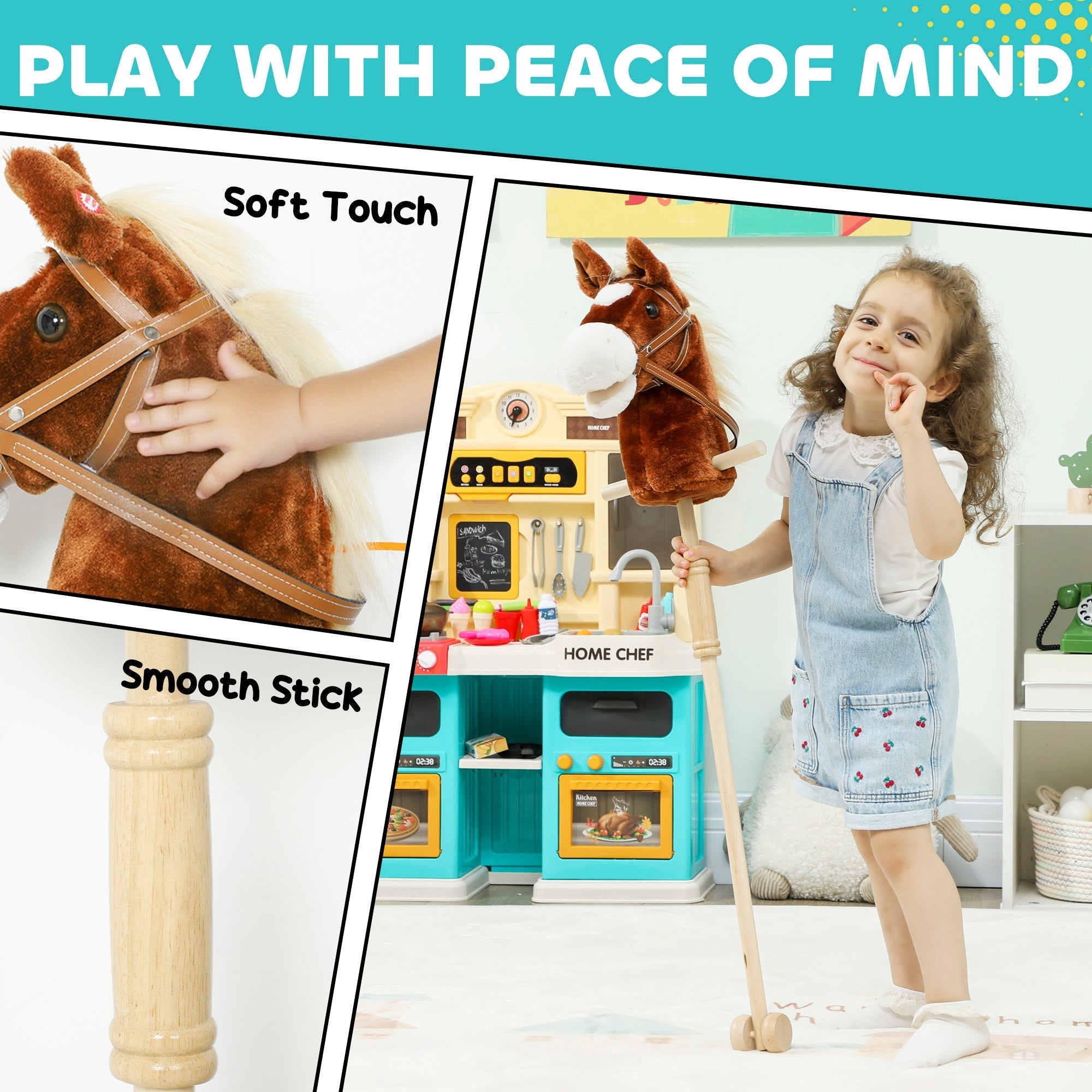 Brown aiyaplay stick horse plush toy with tan leather-like reins wooden handle and real pony galloping sounds for outdoor play