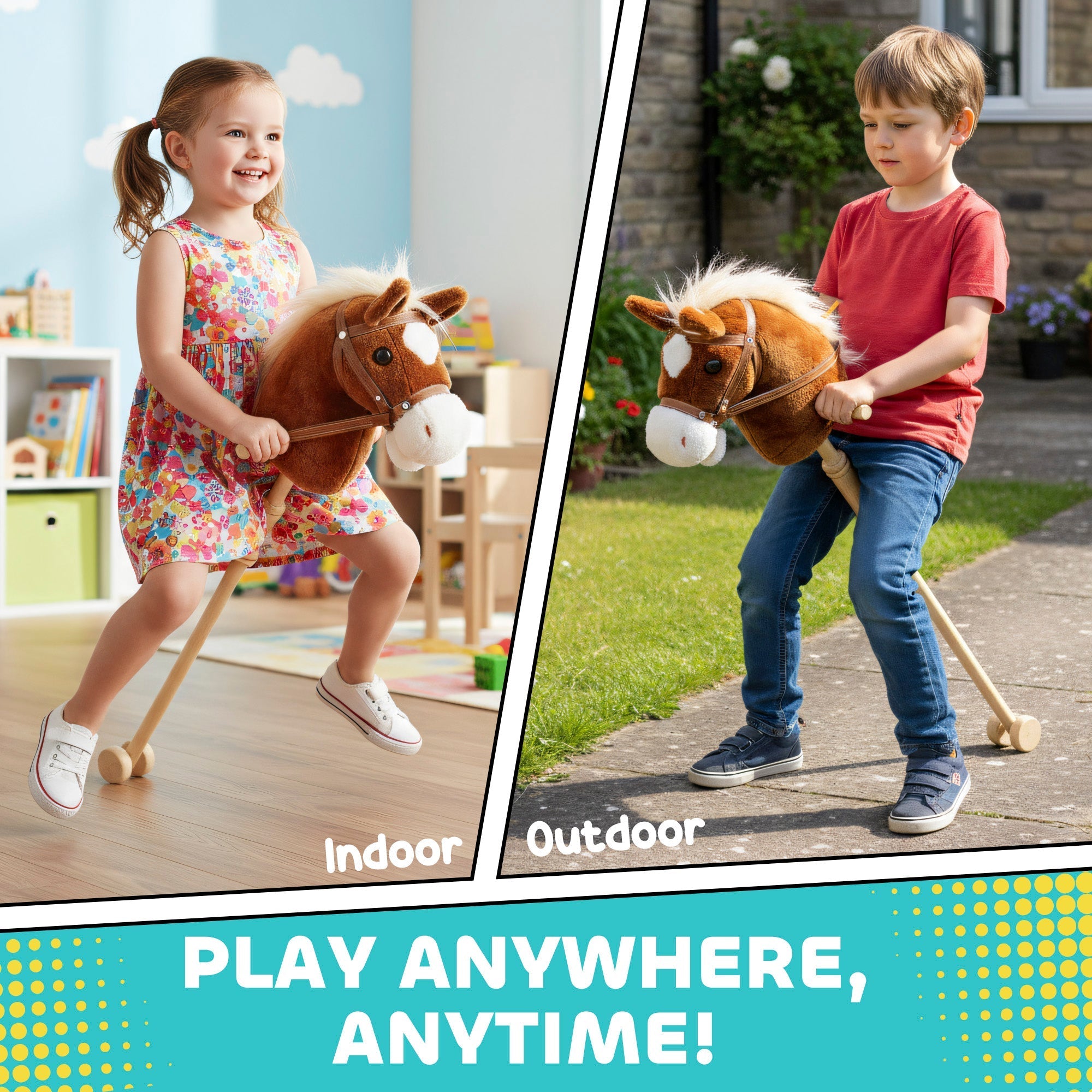 Brown aiyaplay stick horse hobby horse with wood wheels white mane and nose real pony galloping sounds for outdoor play