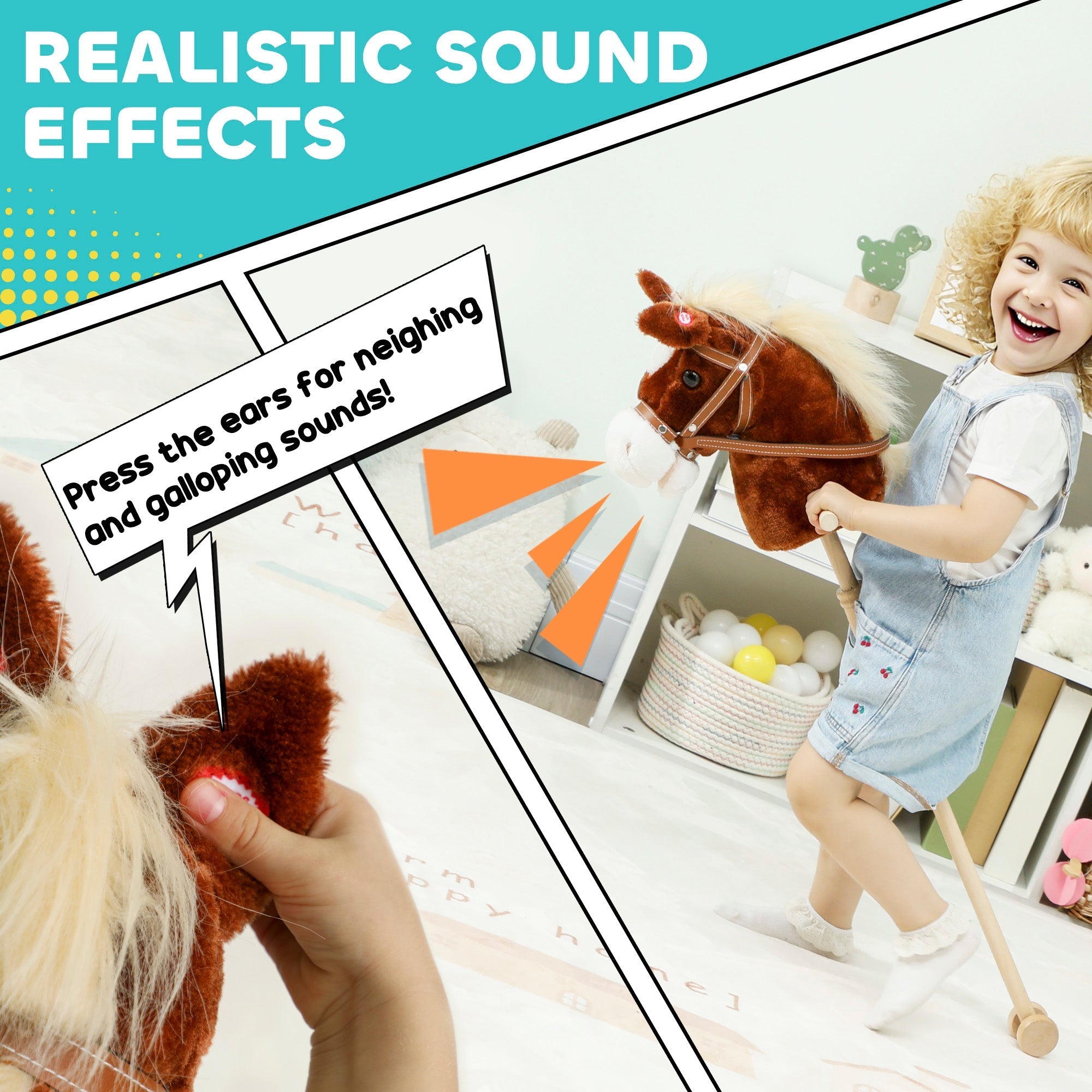 Brown aiyaplay stick horse plush hobby horse with white mane wood wheels and real galloping sounds for outdoor play