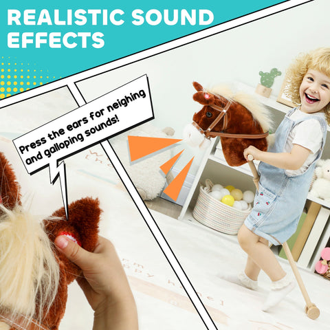 Brown aiyaplay stick horse plush hobby horse with white mane wood wheels and real galloping sounds for outdoor play