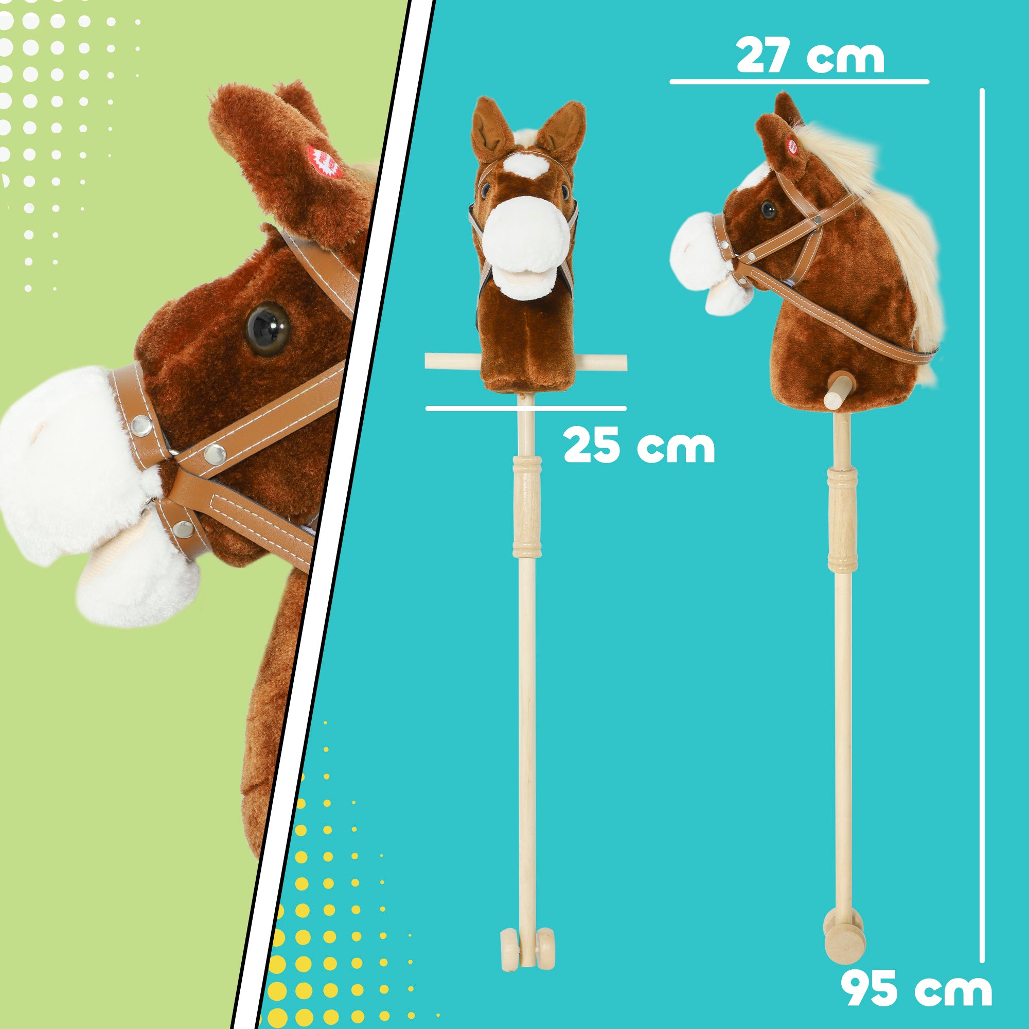 Brown aiyaplay stick hobby horse with white mane tan straps wood wheels and realistic galloping sounds for outdoor play