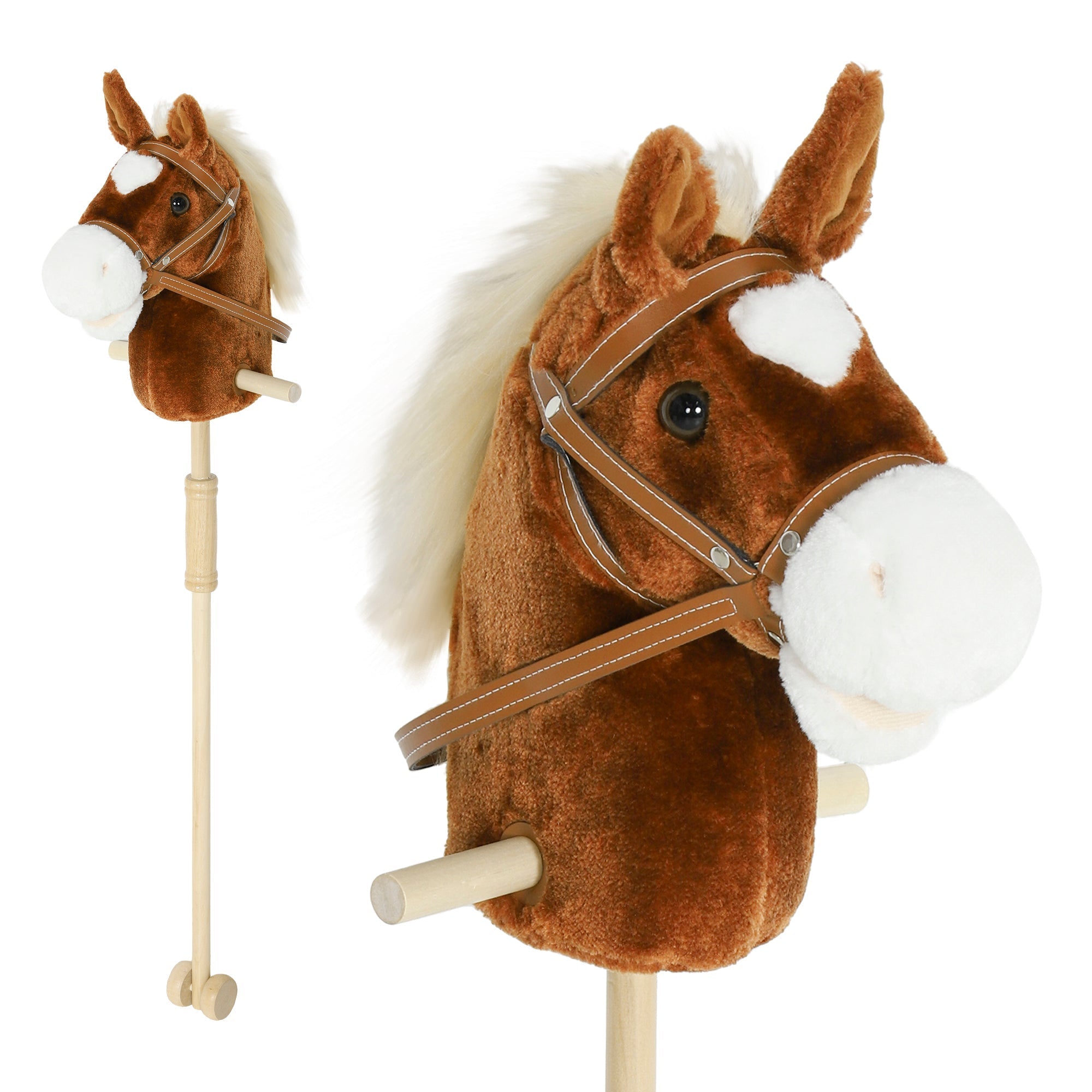 Brown aiyaplay stick hobby horse with wood wheels and tan leather straps featuring real pony neighing and galloping sounds for outdoor play